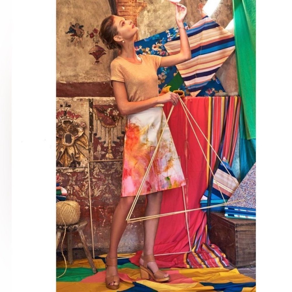 Anthropologie 12 Painter’s Palette White Pink Gold Watercolor A-Line Skirt